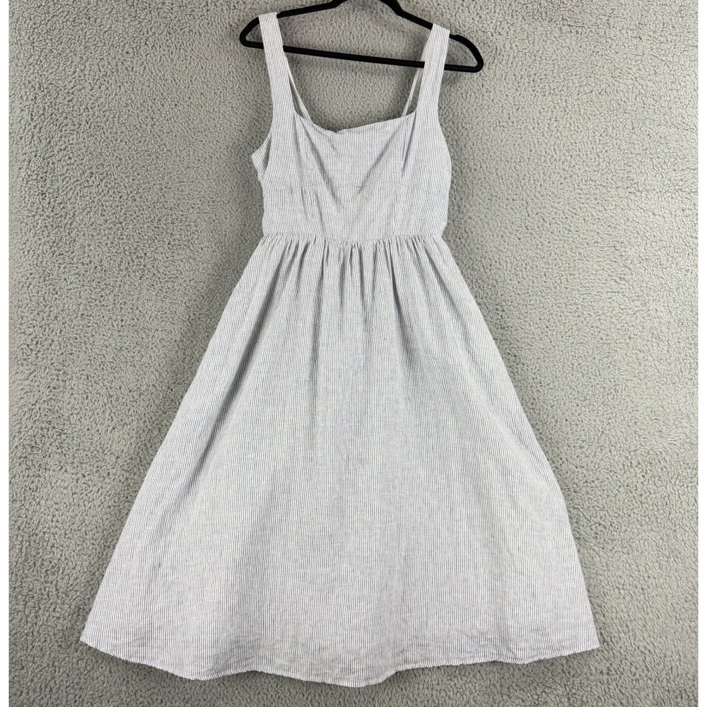 Quince 100% Linen Fit Flare Midi Dress Womens M Blue Pinstripe Smocked Pockets